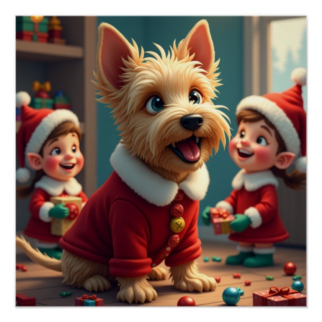 Pôster Scottish Terrier Helping Santa’s Elves Christmas (Frente)
