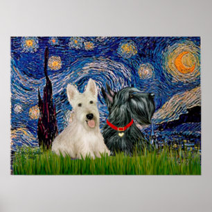 Pôster Scottish Terriers (dois-BW) - Starry Night