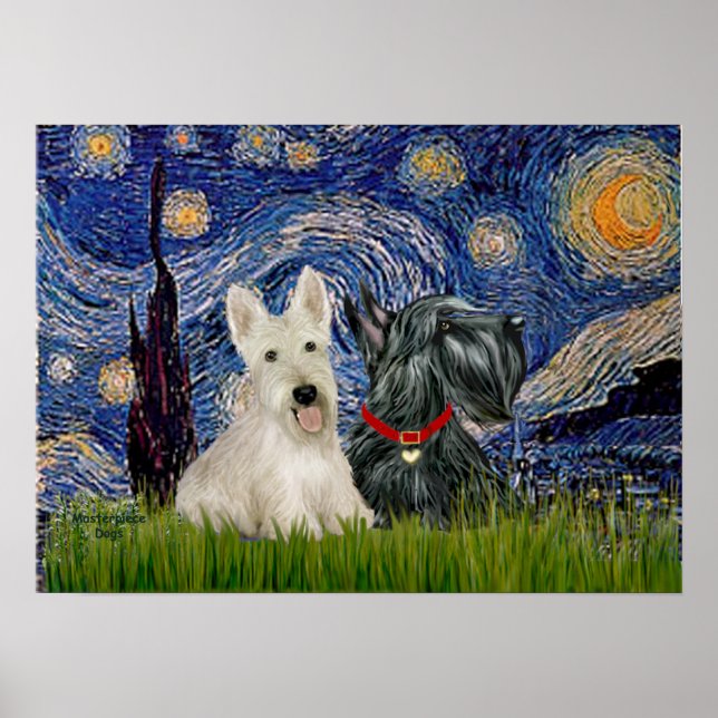 Pôster Scottish Terriers (dois-BW) - Starry Night (Frente)