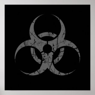 Pôster Scratched Grey Biohazard Symbol on Black