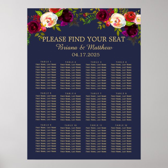 Poster Script Elegante Burgundy Floral em Azul Marinho (Frente)