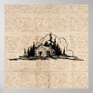 Poster Script Rustic Log Cabin Nature Art Vintage