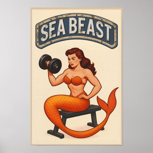 Poster Sea Beast Gym Mermaid | Retro Pin-Up Fitness Art (Frente)