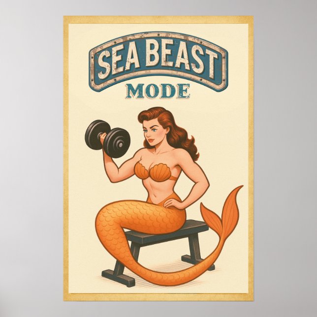 Poster Sea Beast Mode Mermaid - Retro Pin-Up Gym Fitness (Frente)