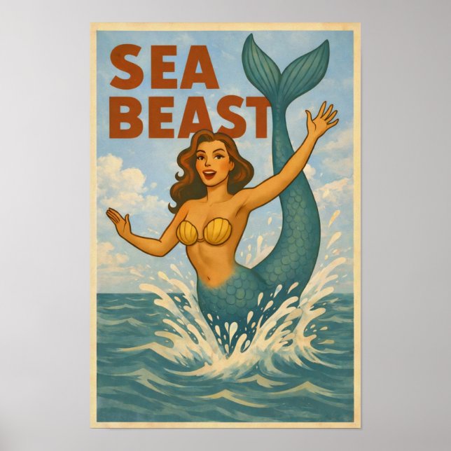 Poster Sea Beast Retro Mermaid | Funny Coastal Beach Art (Frente)