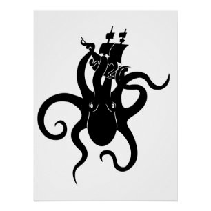 Pôster Sea Monster Black and White Kraken com navio