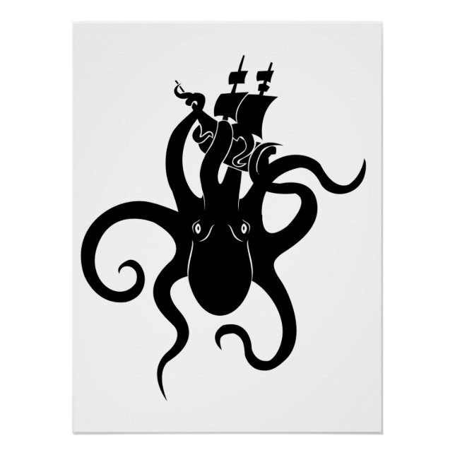 Pôster Sea Monster Black and White Kraken com navio (Frente)