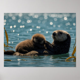 Poster Sea Otter Mom & Pup Floating in Sparkling Ocean 