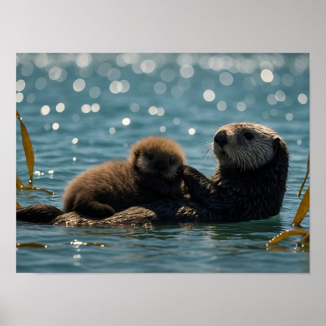 Poster Sea Otter Mom & Pup Floating in Sparkling Ocean  (Frente)