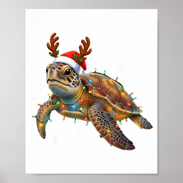 Poster Sea Turtle Christmas Lights Funny Santa Hat Men Wo (Frente)