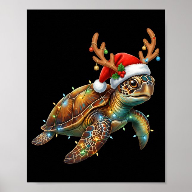 Poster Sea Turtle Christmas Lights Santa Hat Merry Christ (Frente)