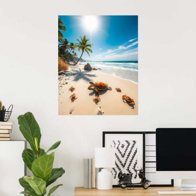 Poster Sea Turtle & Crabs on Tropical Beach – Serene Ocea (Escritório em casa)