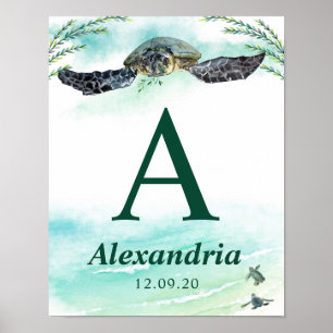 Poster Sea Turtle Monograma Nome Birthdate Nursery