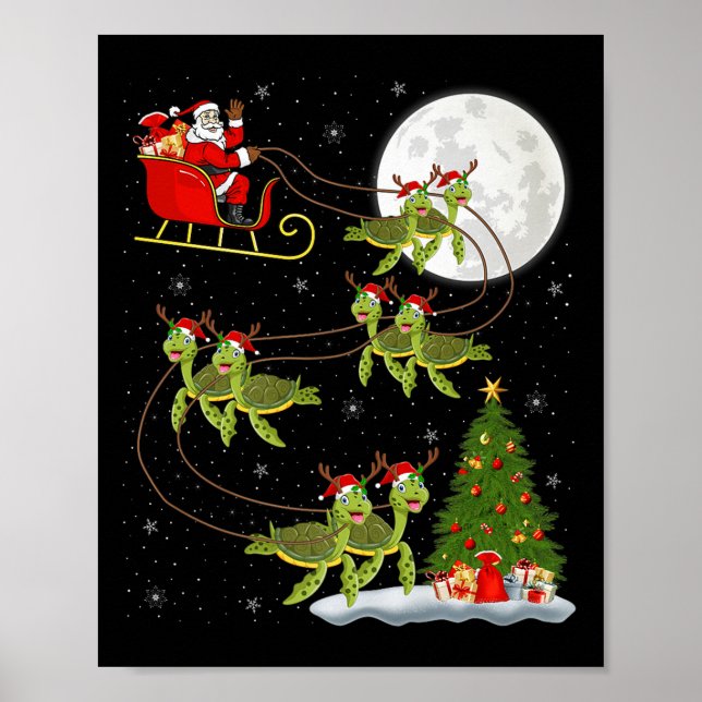 Poster Sea Turtle Santa Sleigh Flying Funny Magical Chris (Frente)
