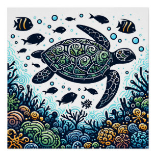 Pôster Sea Turtle Silhouette
