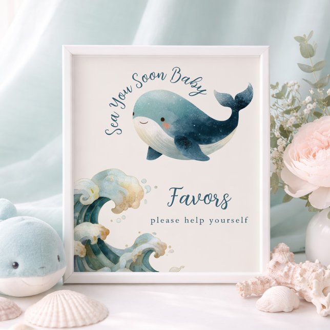 Poster Sea You Soon Whale Ivory Baby Shower Favors Sign (Criador carregado)