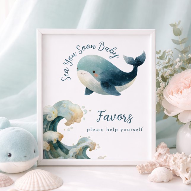 Poster Sea You Soon Whale White Baby Shower Favors Sign (Criador carregado)