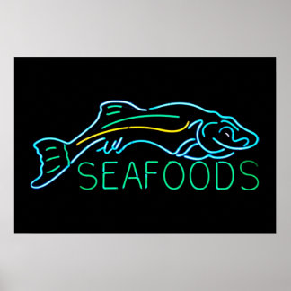 Pôster Seafoods com Sinal de Neon de Peixe