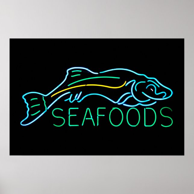 Pôster Seafoods com Sinal de Neon de Peixe (Frente)