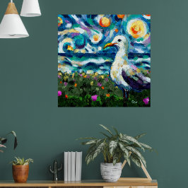 Poster Seagull Van Gogh Style Beach Sky Blue Teal