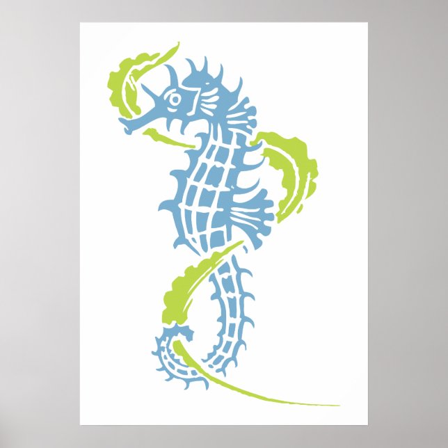 Poster Seahorse dusk blue, lime green and seaweed (Frente)