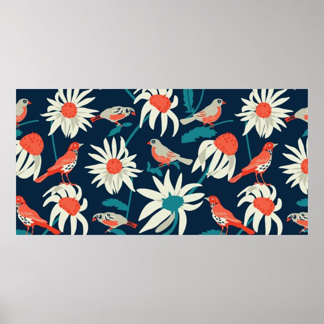 Poster Seamless background with flowers and birds (Frente)