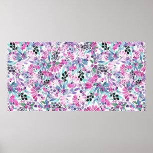 Poster Seamless pattern of purple flowers and berries,blu