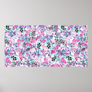 Poster Seamless pattern of purple flowers and berries,blu