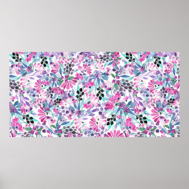 Poster Seamless pattern of purple flowers and berries,blu (Frente)