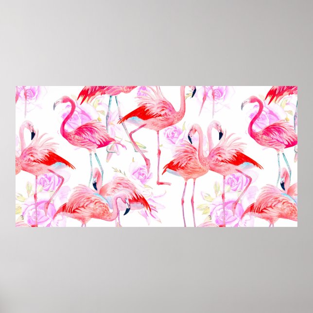 Poster Seamless pattern watercolor roses with pink flamin (Frente)