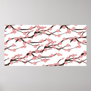 Poster Seamless pattern with blooming cherry on a white b
