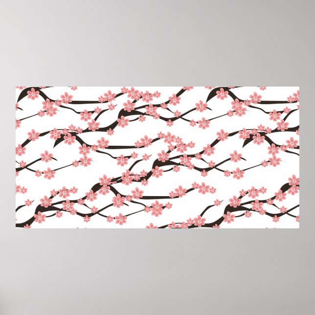 Poster Seamless pattern with blooming cherry on a white b (Frente)