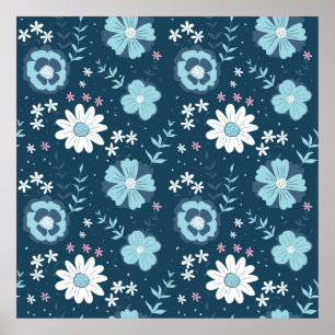 Poster Seamless pattern with blue summer flowers on dark