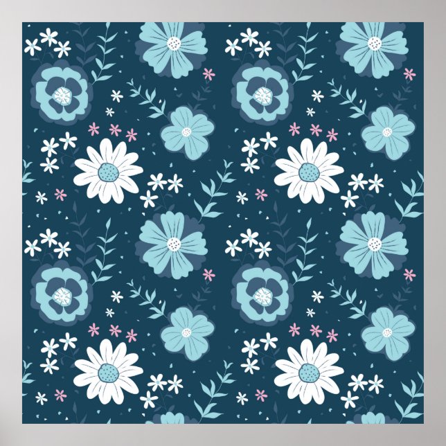 Poster Seamless pattern with blue summer flowers on dark  (Frente)