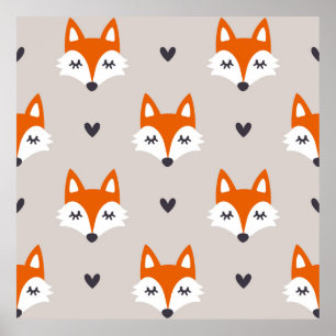 Poster Seamless pattern with fox faces. Hand drawn repeat