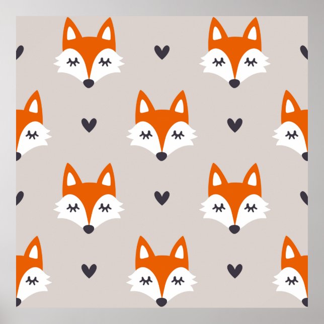 Poster Seamless pattern with fox faces. Hand drawn repeat (Frente)