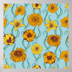 Poster Seamless pattern with orange flowers of wild rose,