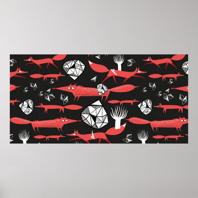 Poster Seamless pattern with red foxes on a dark backgrou (Frente)