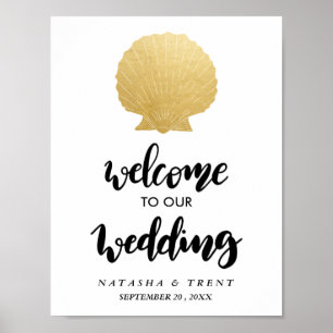 Poster Seashell Faux Gold Foil Sinal de Casamento Oceân