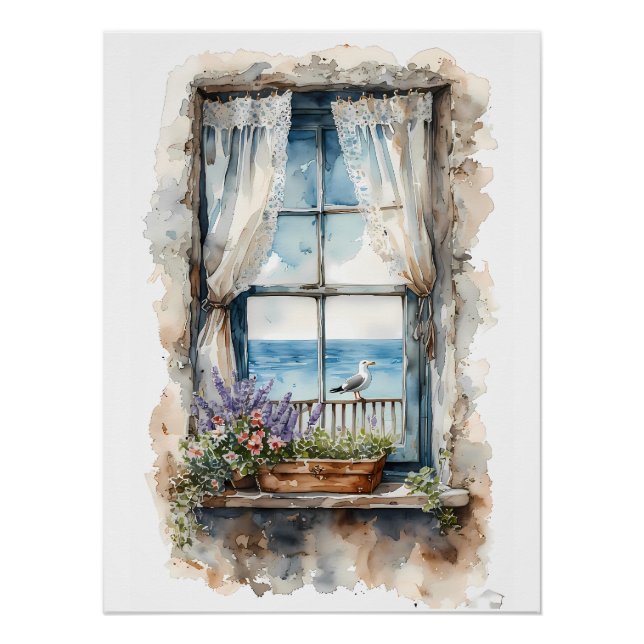 Pôster Seaside Window View Watercolor Coastal Scene (Frente)