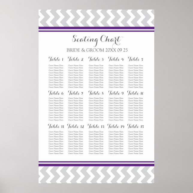 Pôster Seating Chart 15 Table 150 Guest Plum Grey Chevron (Frente)