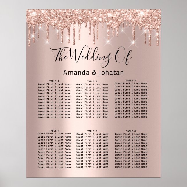 Poster Seating Chart Black Wedding Bridal Drips Rose Gold (Frente)