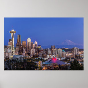 Pôster Seattle, Centro e Monte Rainier em Twilight