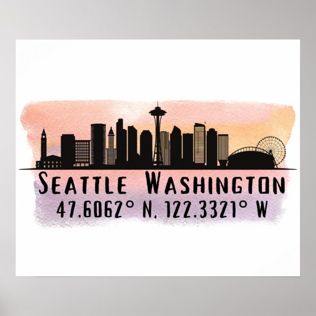 Poster Seattle City Skyline Latitude e Longitude Impressã (Frente)