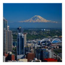 Seattle com o Monte Rainier Fotografia Poster