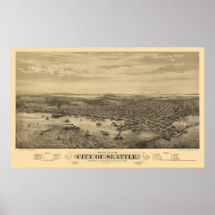 Pôster Seattle, mapa panorâmico de WA - 1878