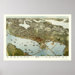 Pôster Seattle, mapa panorâmico de WA - 1891