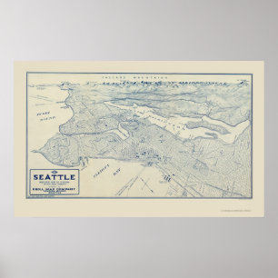 Pôster Seattle, mapa panorâmico de WA - 1925