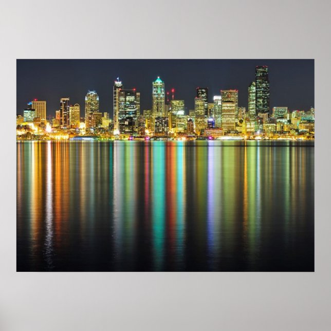 Poster Seattle skyline à noite com reflexão (Frente)