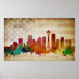 Pôster Seattle, skyline da cidade da aguarela de WA  